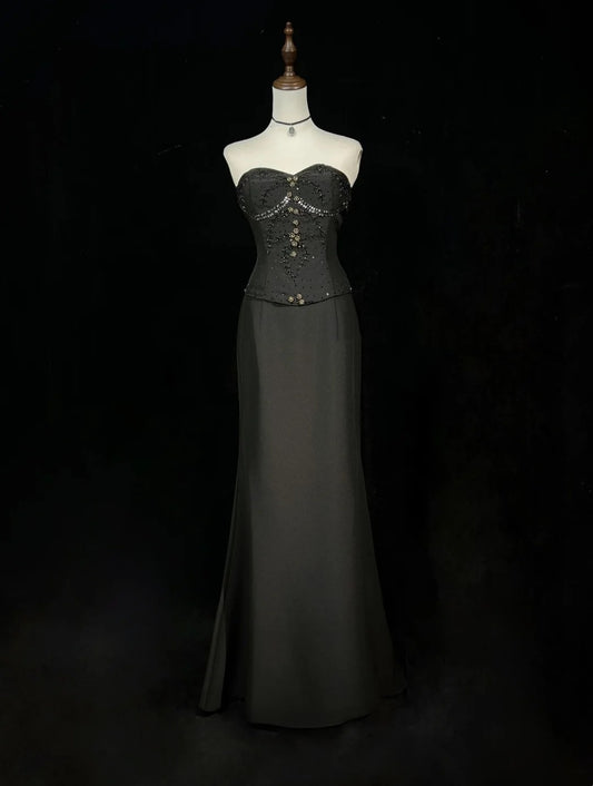 Vintage Ballkleider Meerjungfrau Sweetheart Black Tie Gown 80er Satin Abend-Abendkleid RB3263