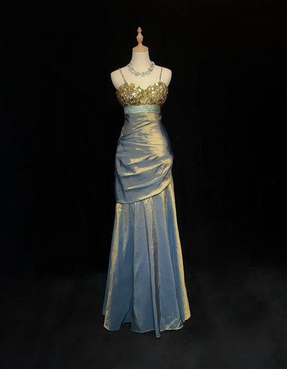 Neue Ballkleider Meerjungfrau Spaghettiträger Bodenlang Taft Festliches Abendkleid N3697