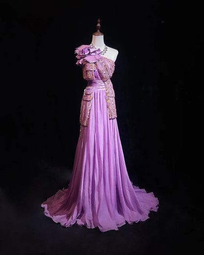 Inspiration Robes de bal vintage, ligne A, une épaule, mousseline lilas, années 1990, avec perles, robes de soirée N3324