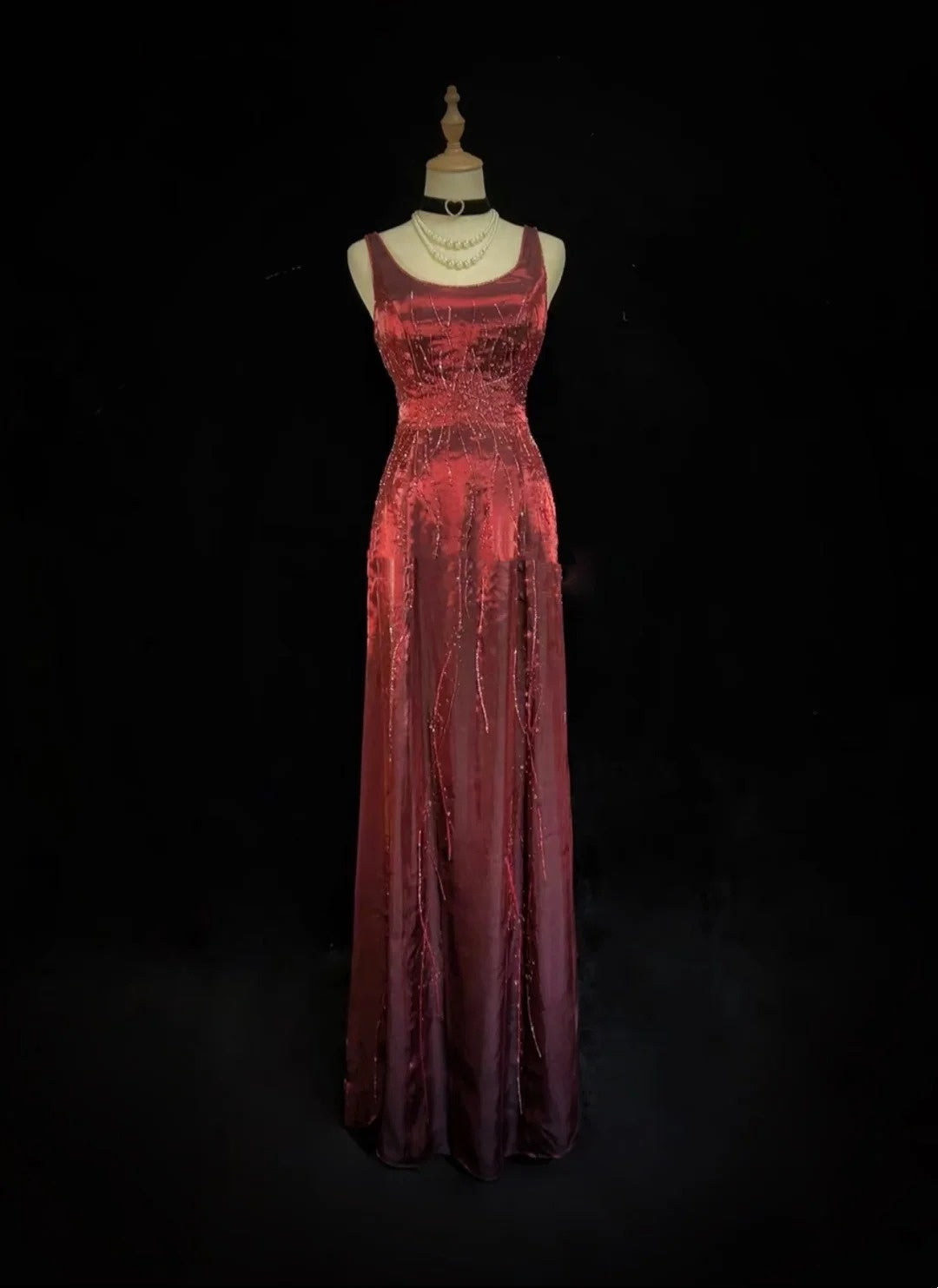 Robes de bal vintage des années 90, ligne A, col carré, taffetas bordeaux avec perles, longue robe de bal N3030