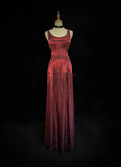 Robes de bal vintage des années 90, ligne A, col carré, taffetas bordeaux avec perles, longue robe de bal N3030
