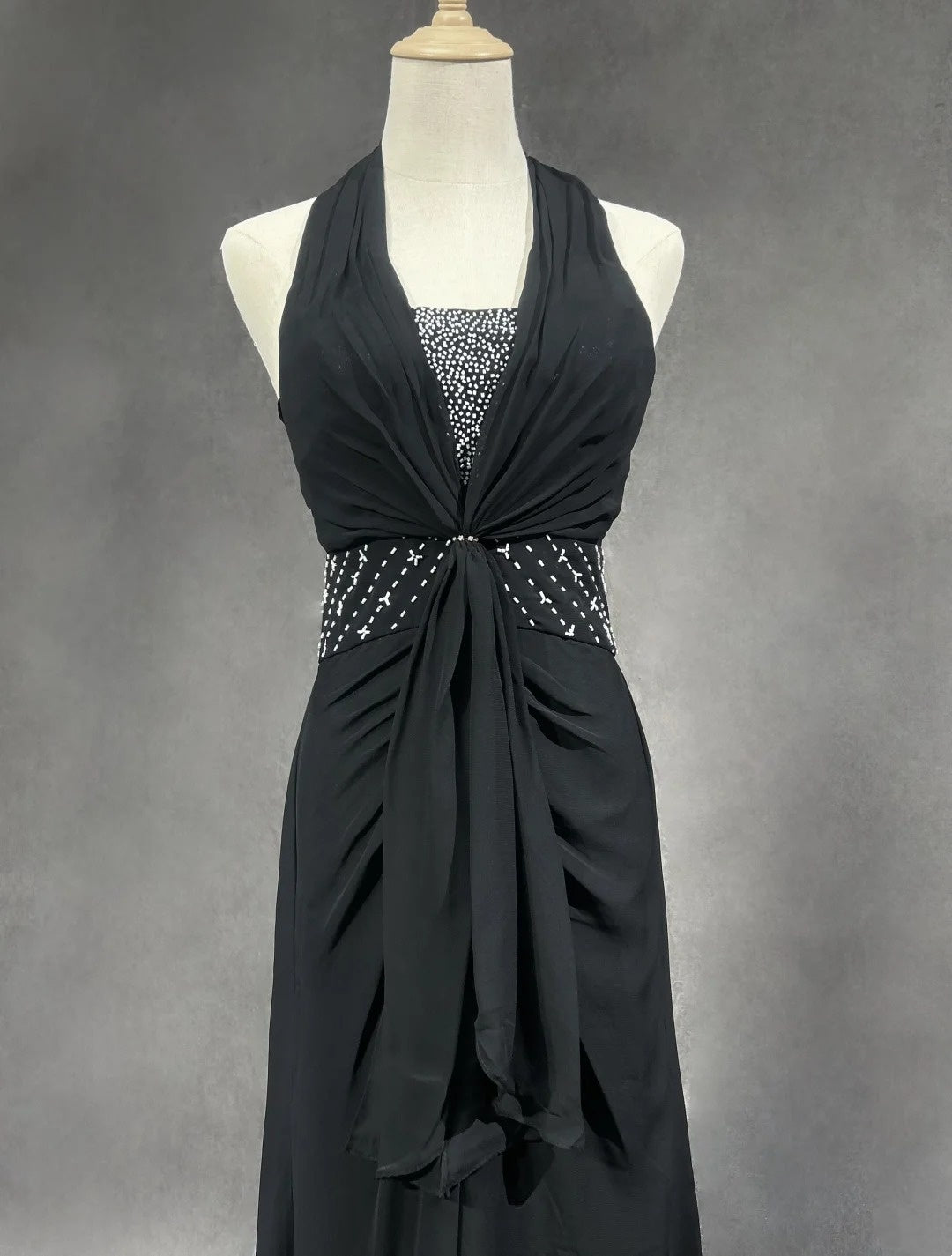 Vintage Prom Dresses A line Halter Black Chiffon With Beading 1970s Long Formal Gown N2619