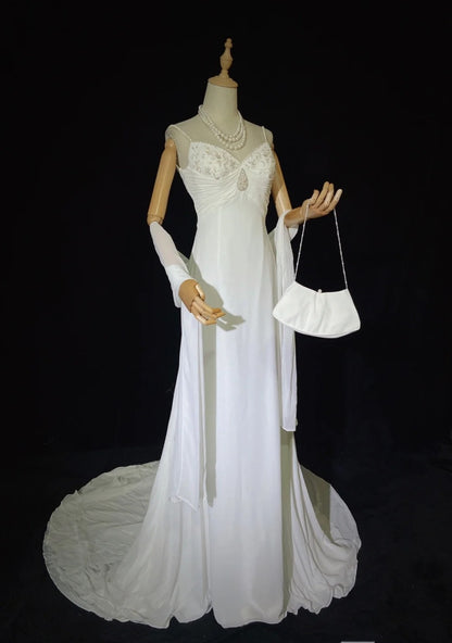 Unique Wedding Dresses A Line Spaghetti Strap Beach Boho Chiffon With Scarf White Long Bridal Gown N3611