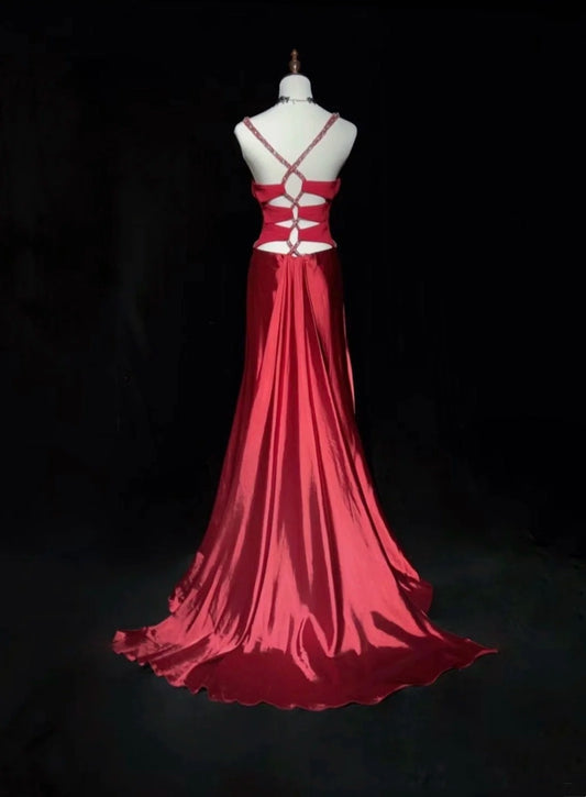 Elegantes Meerjungfrau-Kleid mit Herz-Ausschnitt, Trägern, Rot mit Perlenstickerei, Falten, Ärmellos, Langes Abendkleid, Ballkleid N2449