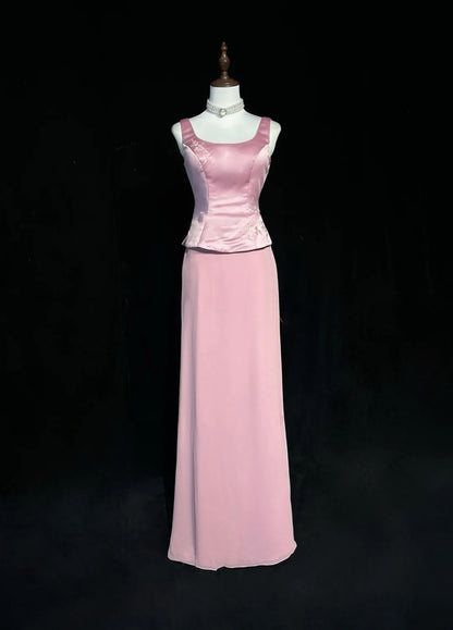 Robes de bal vintage en satin rose coupe trapèze à col carré avec perles, longue robe de soirée formelle années 90 N2662