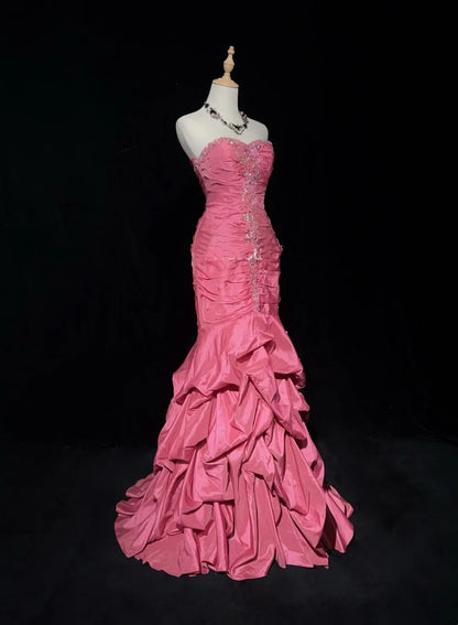 Vintage Ballkleider Meerjungfrau Sweetheart Rosa Satin Mit Stufenrock 90er Langes Abendkleid N2916