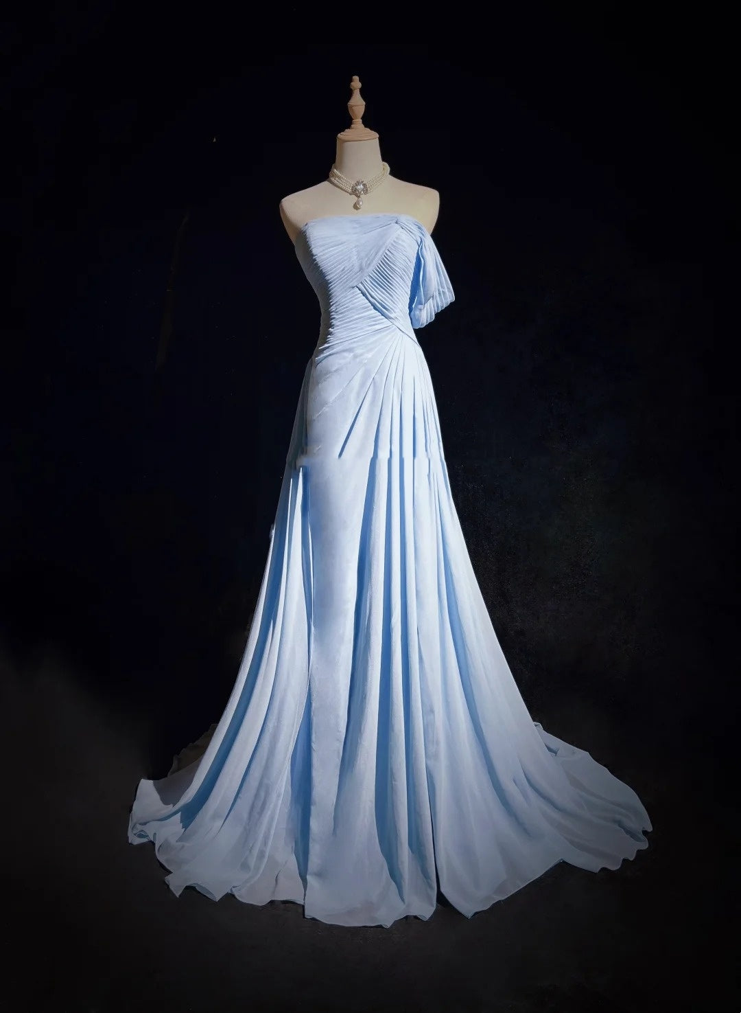 Vintage Meerjungfrau-Abschlussballkleider Schulterfrei Hellblau 70er Jahre mit Rüschen Chiffon Langes festliches Partykleid N2517