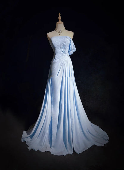 Vintage Meerjungfrau-Abschlussballkleider Schulterfrei Hellblau 70er Jahre mit Rüschen Chiffon Langes festliches Partykleid N2517
