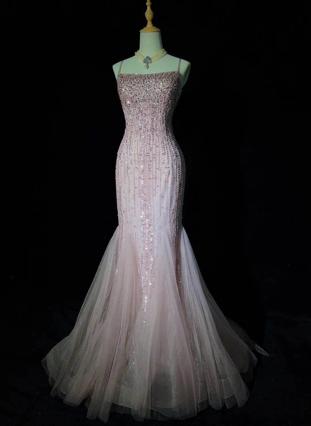 Timeless Prom Dresses Mermaid Spaghetti Strap Light Pink Tulle With Beading Backless Long Evening Outfits N3233