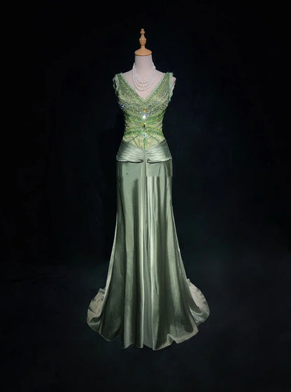 Vintage Prom Dresses Mermaid V Neck Sage Green Sleeveless Satin With Beading 1980s Long Formal Gown N2865