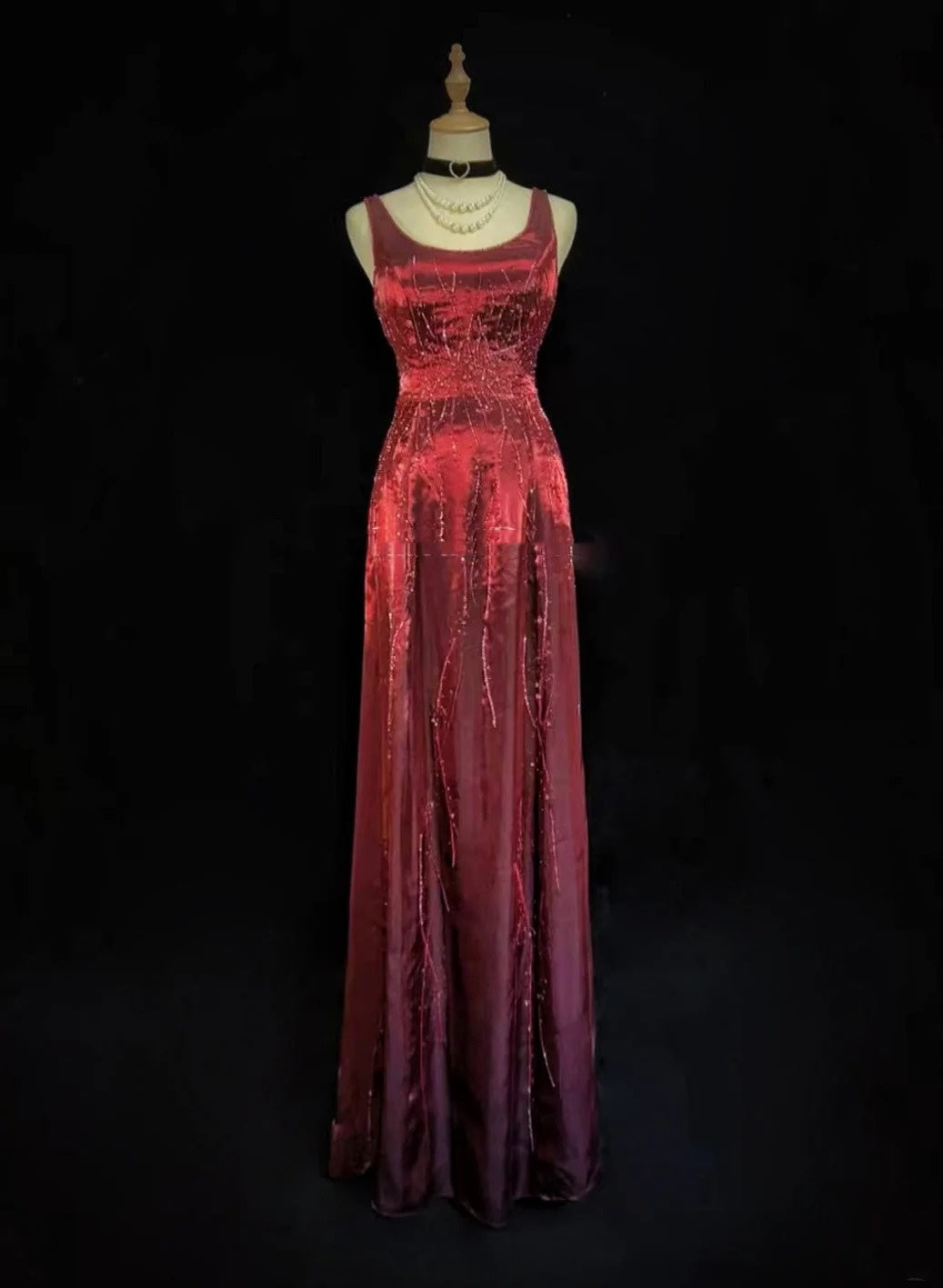 Vintage Prom-Kleider A-Linie Quadratisch Burgund mit Glitzer Perlen 80er Abendkleid Formell RB3278