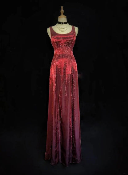 Vintage Prom-Kleider A-Linie Quadratisch Burgund mit Glitzer Perlen 80er Abendkleid Formell RB3278