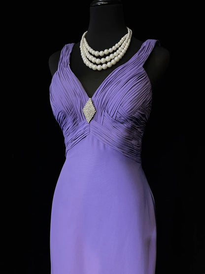 Robes de bal vintage, ligne A, encolure en V, mousseline violette, tenues de soirée longues années 80 N3887