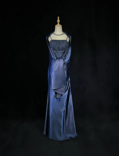 Elegante Ballkleider Meerjungfrau Spaghetti-Träger Marineblau Mit Umhang Ärmelloses Langes Abendkleid N2880