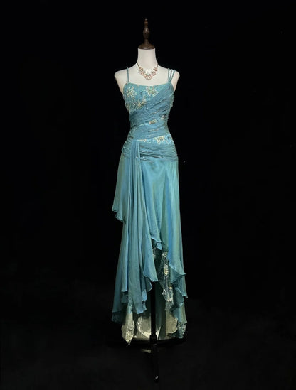 Vintage Abschlussballkleider A-Linie 2000er Spaghettiträger Blau Chiffon Mit Perlen Spitze Langes Abendkleid N2459