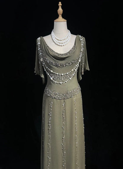 Vintage Prom Dresses A-Linie Cowl Neck Chiffon mit Perlen 80er Jahre Abendkleid Ballkleid RB3273