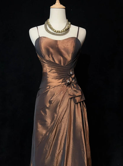 Vintage Meerjungfrau-Abschlussballkleider mit Spaghettiträgern, braunem Satin, 80er Jahre, lange formelle Abendgarderobe N3876
