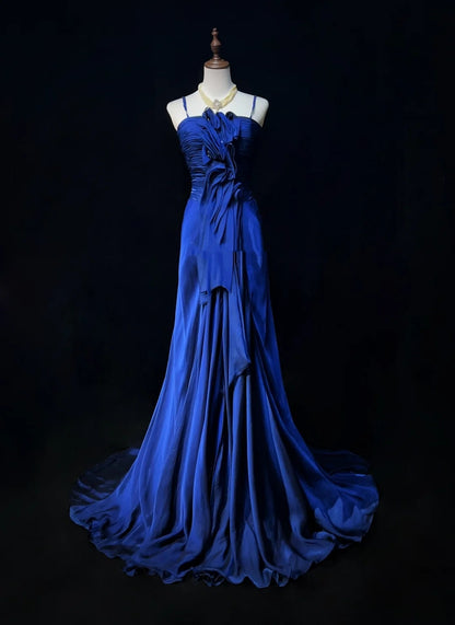 Vintage Abschlussballkleider Inspo Meerjungfrau Spaghettiträger Königsblau mit Rüschen 80er Jahre Langes Abendkleid N2744
