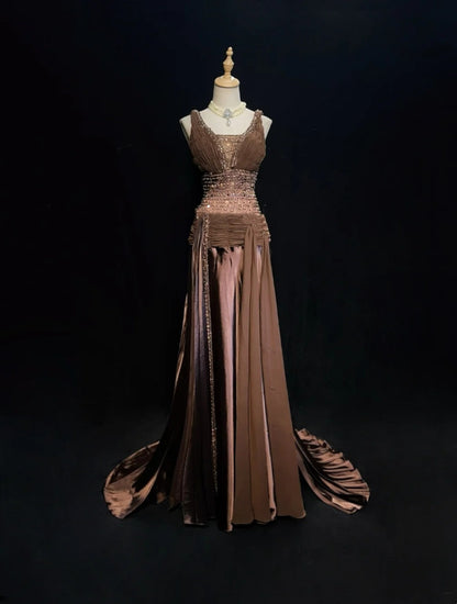 Vintage Ballkleider Meerjungfrau Schokolade Chiffon V-Ausschnitt mit Perlen Lang Festliches Kleid N2453