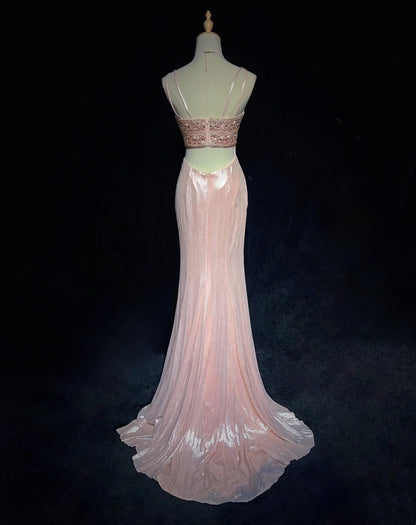 Vintage Ballkleider Meerjungfrau Spaghettiträger Rosa Satin 80er Jahre Lange formelle Abendkleider N3879