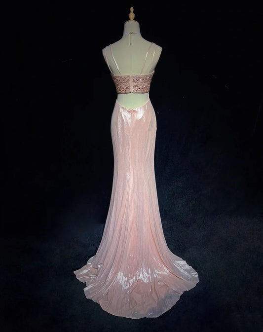 Vintage Ballkleider Meerjungfrau Spaghettiträger Rosa Satin 80er Jahre Lange formelle Abendkleider N3879