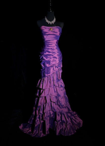Robes de bal vintage des années 90 sirène bustier en satin violet avec couches superposées longues tenues de soirée semi-formelles N3661