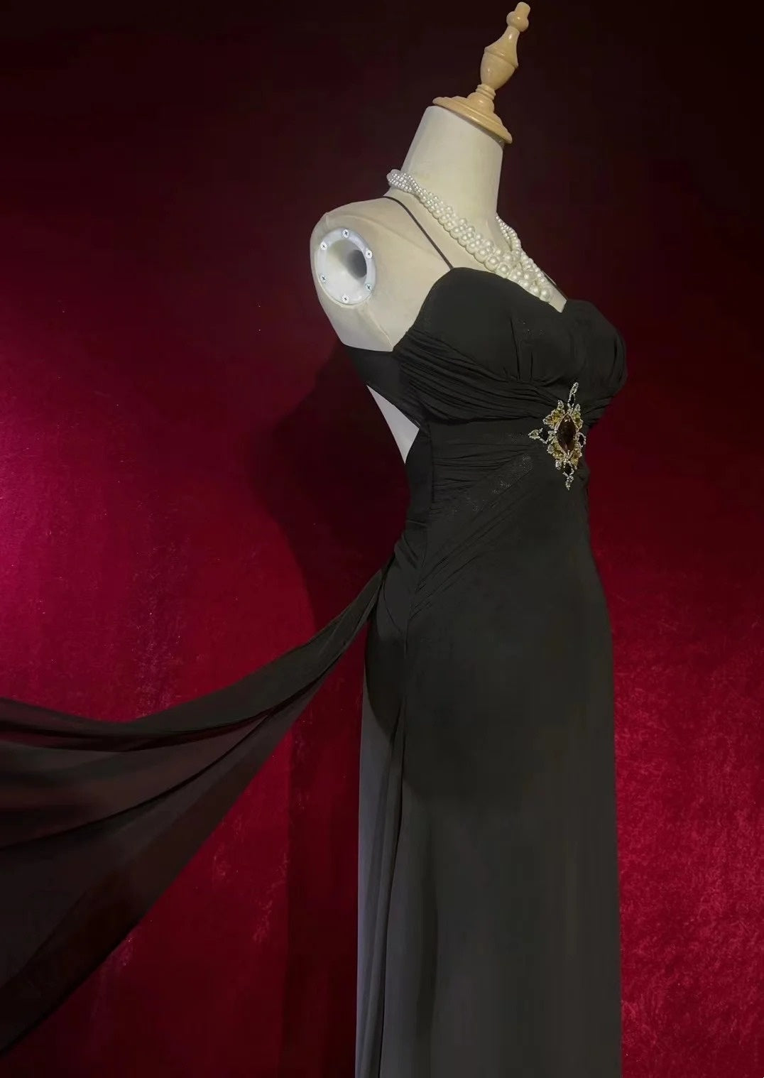 Robe de soirée vintage trapèze à fines bretelles avec perles, robe longue de bal des années 80 N2730