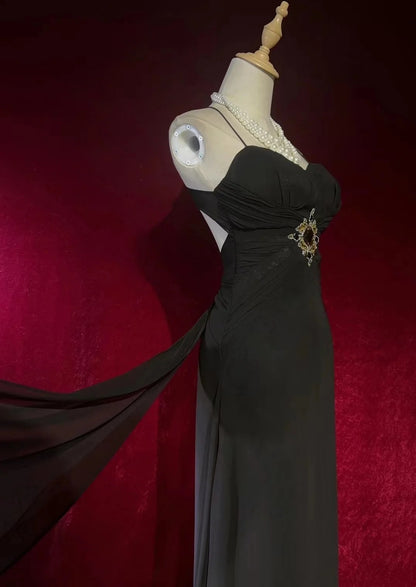 Robe de soirée vintage trapèze à fines bretelles avec perles, robe longue de bal des années 80 N2730