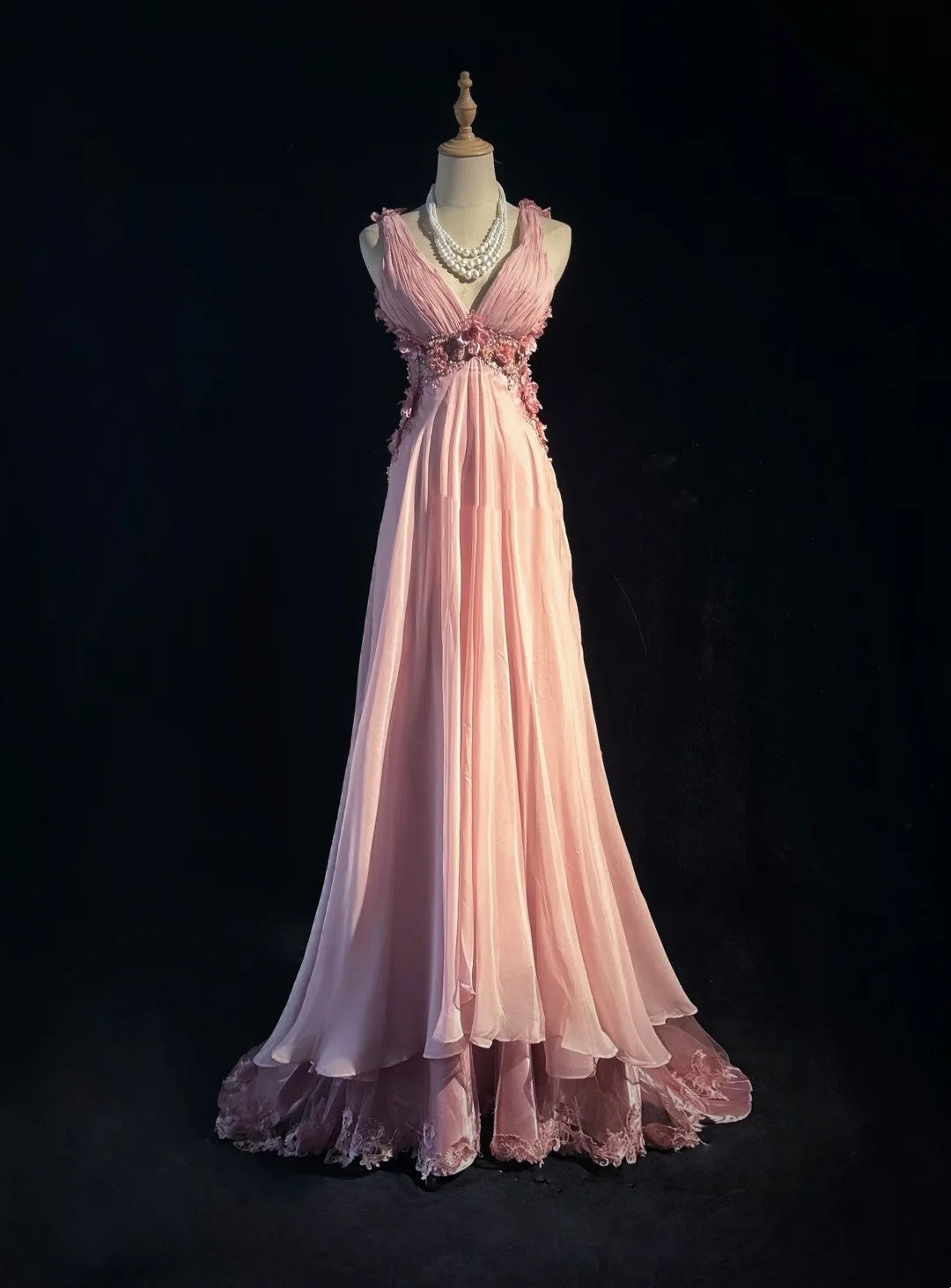 Vintage Prom Dresses A line V Neck Pink Chiffon 70s With 3D Flowers Beading Long Formal Gown N2528