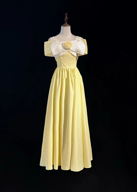 Vintage Ballkleid A-Linie Gelb Gitter Satin 80er Jahre Abendkleid RB3277