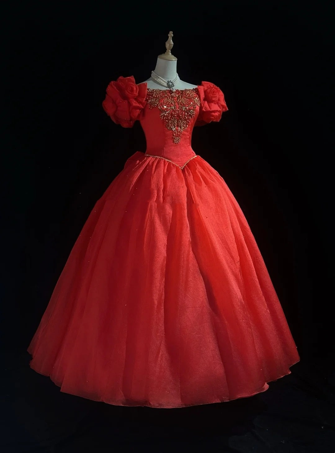 Vintage Prom Dresses Ball Gown Square Neck Red Organza Long 70s Beads Formal Gown N2606