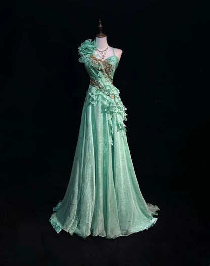 Vintage Prom Dresses A-Linie One-Shoulder Mintgrün 70er Jahre mit Rüschen Chiffon Langes Formelles Partykleid N2525