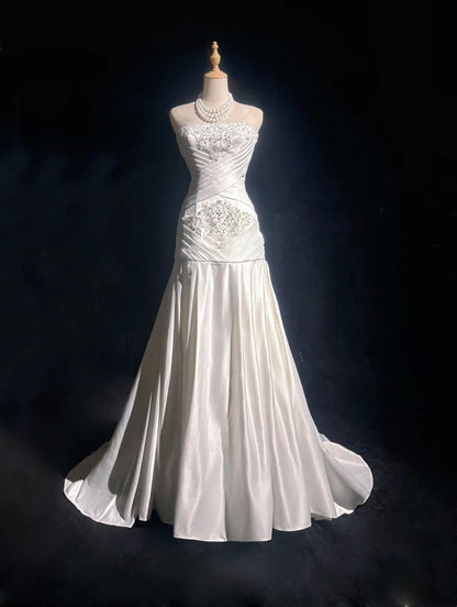 Robes de bal vintage des années 90 sirène bustier en mousseline blanche avec perles à volants longue robe de bal N3036