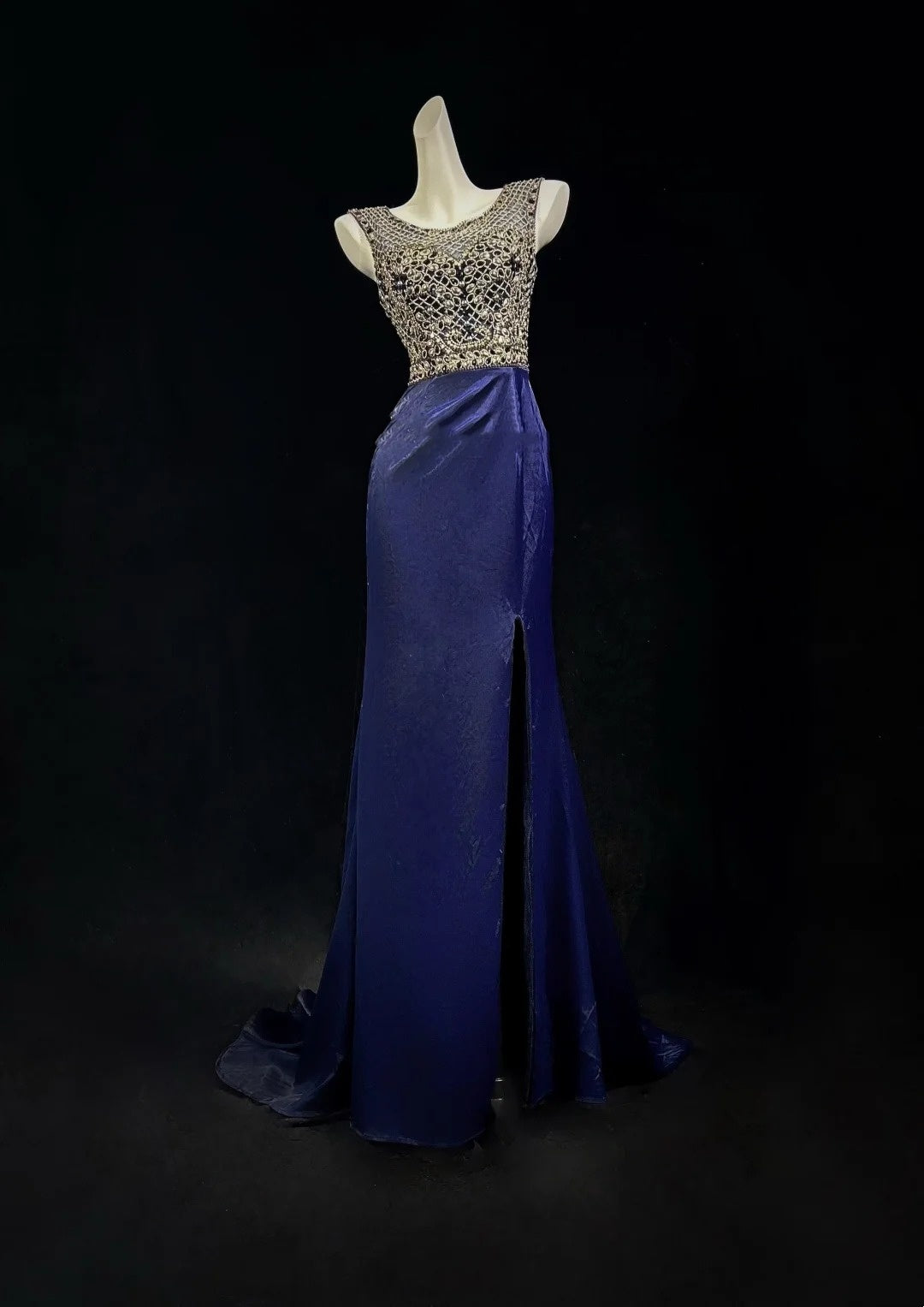 Vintage Prom Dresses 1950er Meerjungfrau U-Boot-Ausschnitt Royalblau Satin mit Schlitz Perlen Ärmellose Abendgarderobe Formelle Outfits RB4333