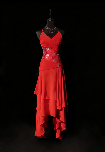 Vintage Prom Dresses Aesthetic 80s Retro A Line Red Backless Chiffon Mid Length Evening Outfits N2323