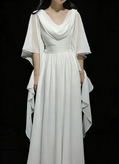 Vintage Prom Dresses 1970s A Line Cowl Neck White Chiffon With Sleeves Prom Dresses Evening Formal Outfits RB5128