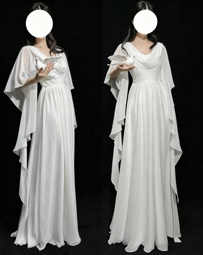 Vintage Prom Dresses 1970s A Line Cowl Neck White Chiffon With Sleeves Prom Dresses Evening Formal Outfits RB5128
