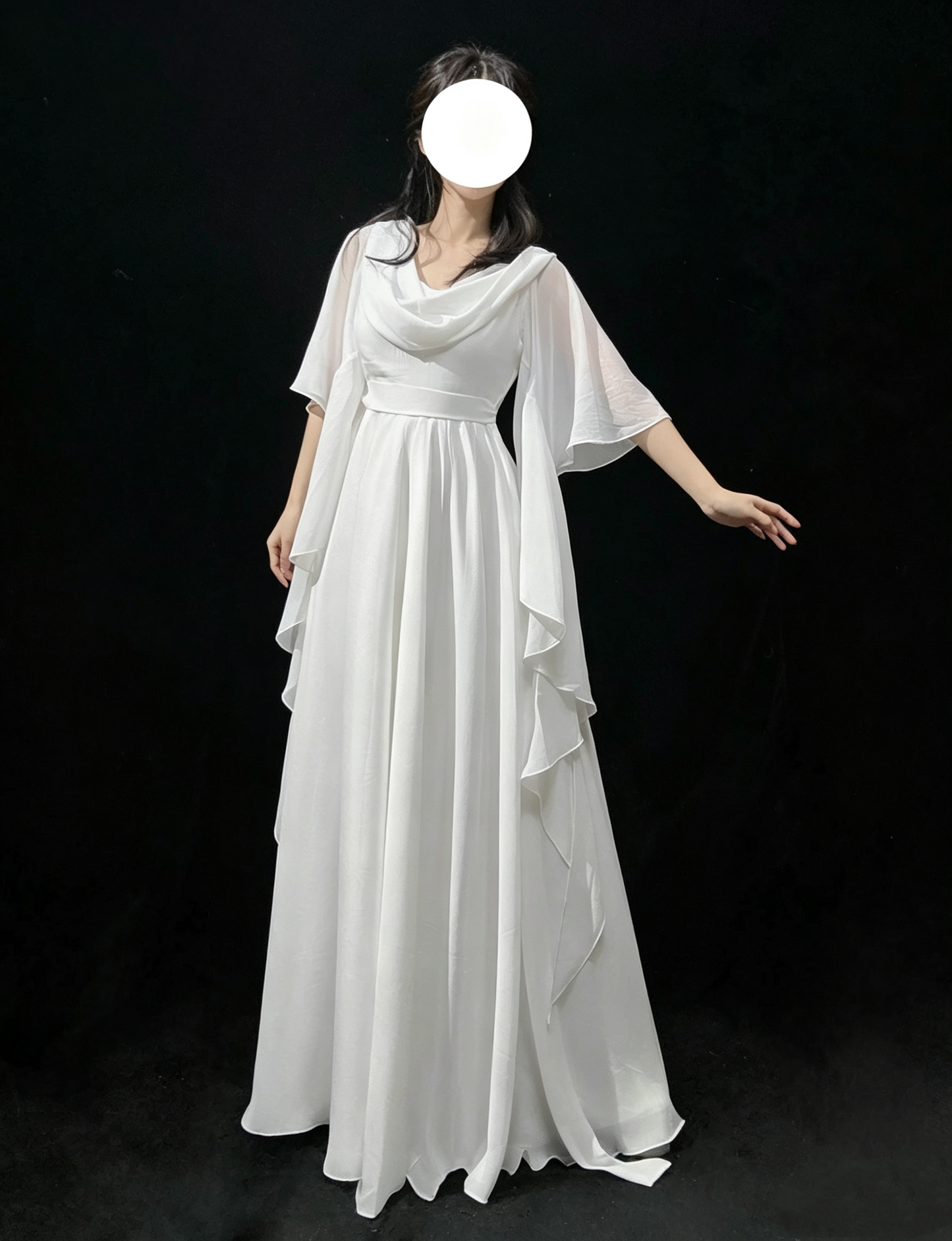 Vintage Prom Dresses 1970s A Line Cowl Neck White Chiffon With Sleeves Prom Dresses Evening Formal Outfits RB5128