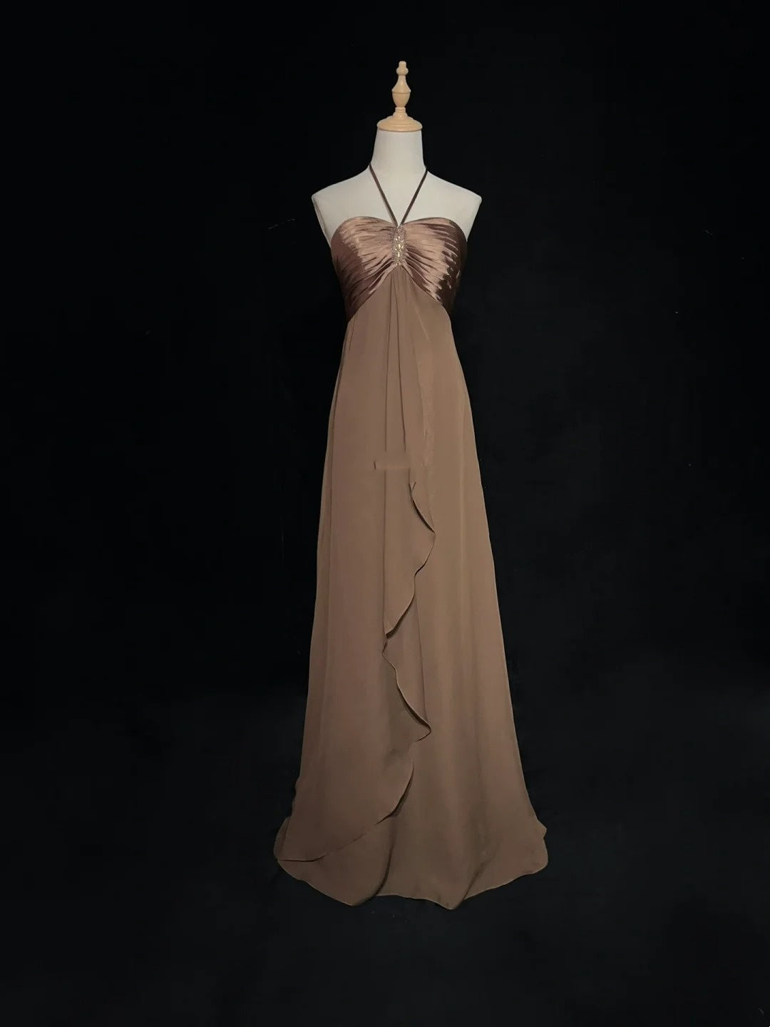 Robes de Bal Vintage, Coupe Droite, Col Halter, Marron, Sans Manches, Mousseline, Années 80, Longue Robe de Soirée N2759