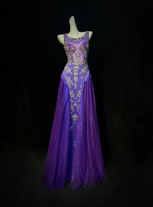 Vintage Mermaid Boat Neck Purple With Beading Tulle Floor Length Prom Dresses Inspo Evening Outfits RB4343