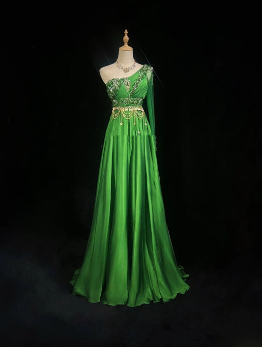 Sexy A-Linien-Kleid, One-Shoulder, Grün, Chiffon mit Perlen, Strasssteinen, Ballkleid, Lang, Abendkleid N2697