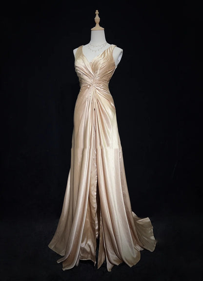 Idées de robes de bal vintage trapèze col en V en satin doré longues années 90 avec perles robes de soirée N3347