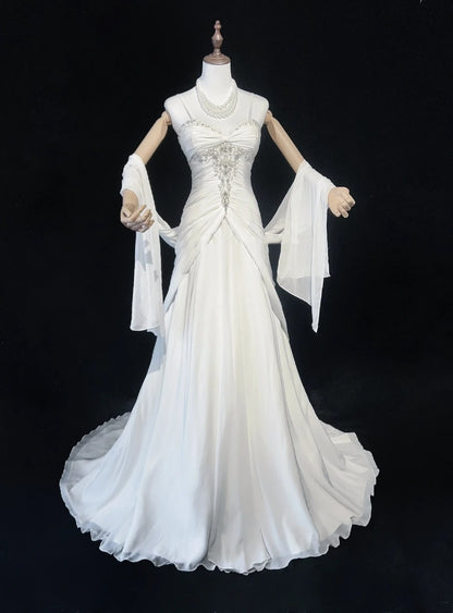 Zeitlose Brautkleider Meerjungfrau Spaghettiträger Weiß Chiffon Mit Schal Langes Brautkleid N3063
