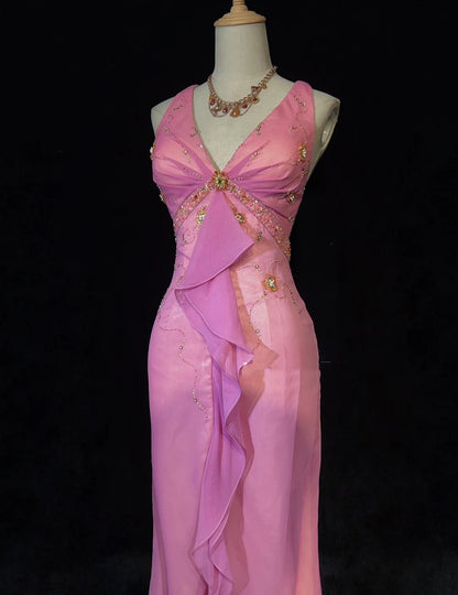 Bescheidene Ballkleider Inspo Meerjungfrau V-Ausschnitt Rosa Chiffon mit Rüschen-Perlenstickerei für Damen Festliches Kleid N3231