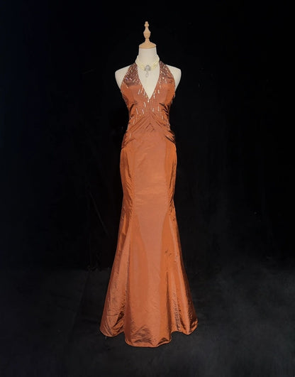 Robes de bal vintage Sirène Halter Orange Taffetas Avec Perles Robe de soirée longue années 90 N2917