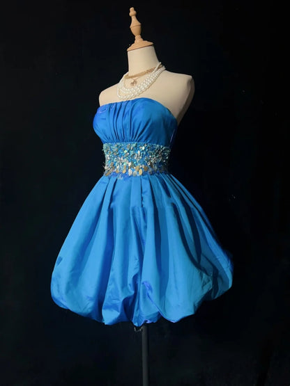 Prinzessin Ballkleid Trägerlos Blau Taft Kurz Mini Homecoming Kleider Hoco Kleider N2907