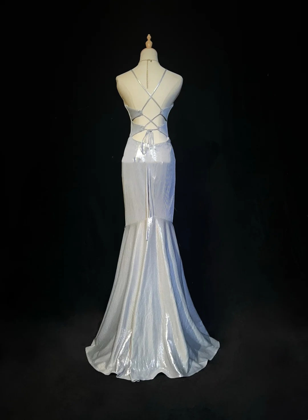 Vintage Abschlussballkleider Inspo Meerjungfrau Spaghettiträger Silber Rückenfrei 80er Lange Abendkleid N2741