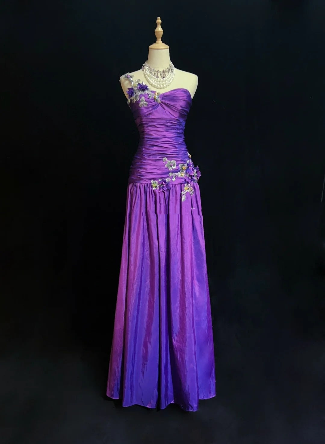 Robes de bal vintage sirène asymétrique taffetas violet avec applications années 90 longue robe de soirée N2895