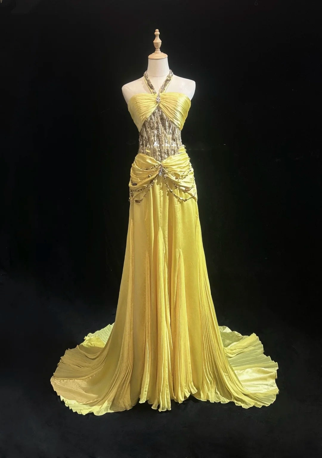 Robes de bal vintage trapèze, dos nu, jaunes années 70 avec perles, en mousseline, longue robe de soirée formelle N2526