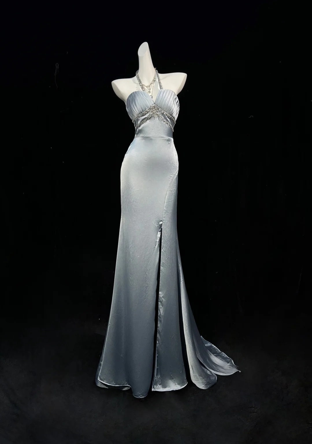 Vintage Prom Dresses 1950s Mermaid Halter Silver Gray With Split Sleeveless Evening Formal Outfits RB4341
